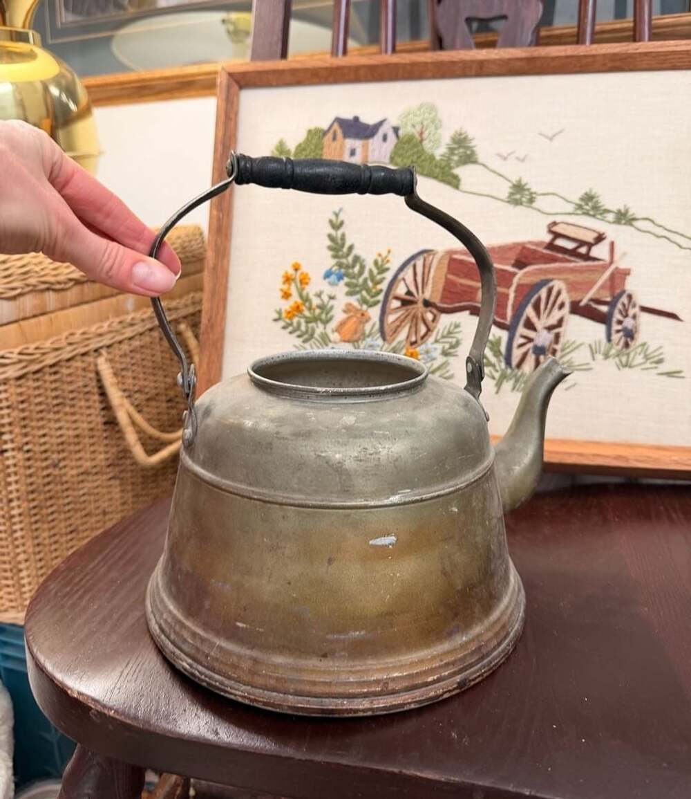 Vintage Brass Tea Kettle With Wood Handle Cottage Farmhouse Kitchen Home Decor